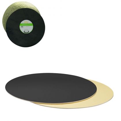 Твърда тънка кръгла подложка за торта, двустранна - злато и черно  - мукава - 3мм дебелина -  Ф32 - 1 бр.