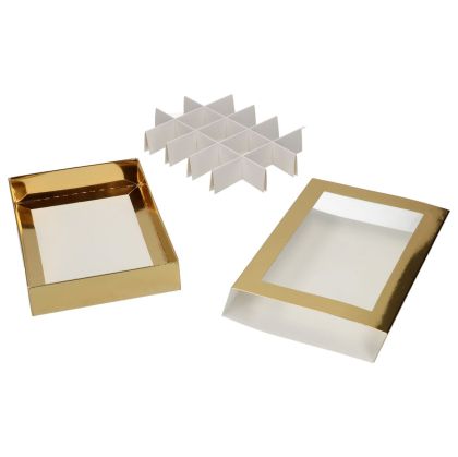 Комплект златна картонена кутия за сладки или бонбони с прозорец 20x14x3,5cm  - 10 бр. кутии