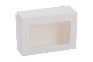 Бяла картонена кутия за сладки с прозорец 14/20/6,3 см